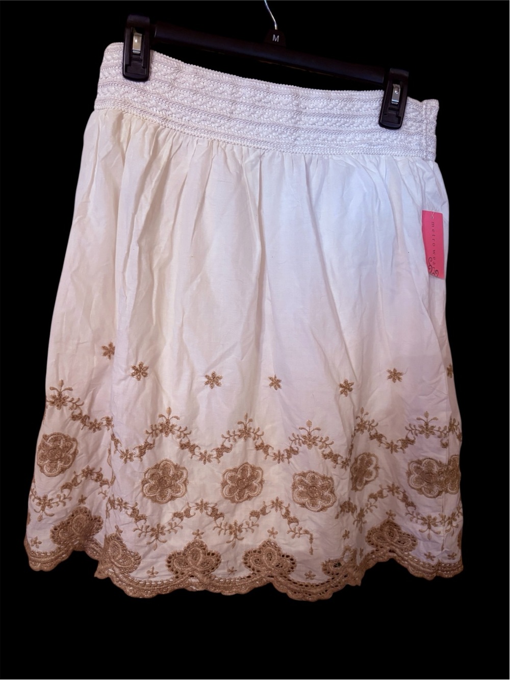 Metro Wear White A-Line Skirt with Gold Floral Embroidery